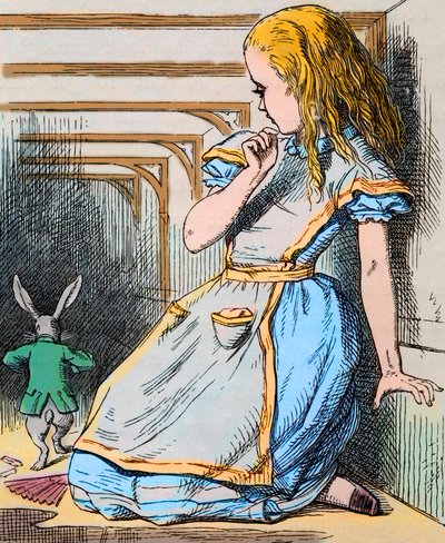 Alice og den hvite kaninen. Illustrasjon av John Tenniel fra den første utgaven av Lewis Carrolls 