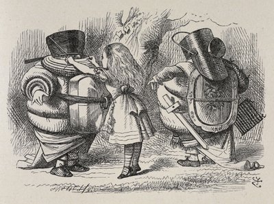 Alice kler ut Tweedledee og Tweedledum. av John Tenniel
