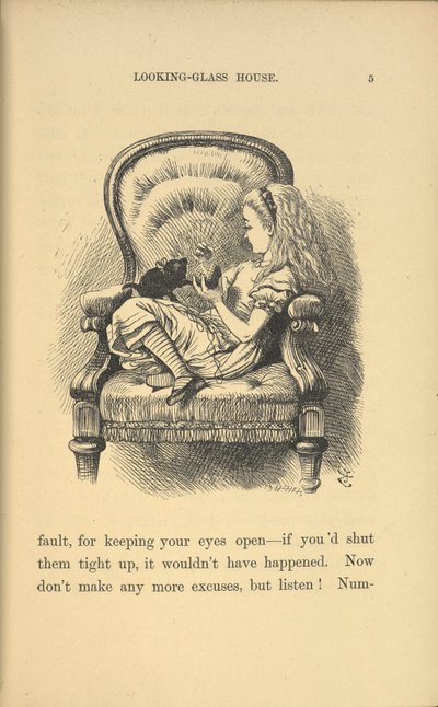 Alice sitter i en stol og leker med en kattunge. av John Tenniel