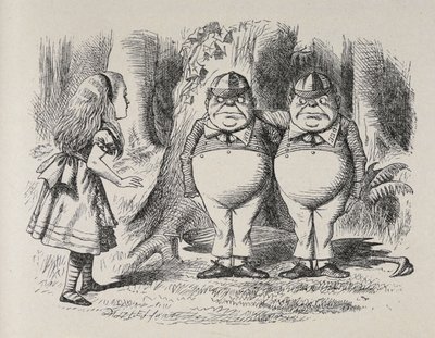 Alice møter Tweedle Dee og Tweedle Dum for første gang. De sto under et tre, hver med en arm rundt halsen på den andre, og Alice visste hvilken som var hvilken om et øyeblikk, fordi en av dem hadde "Dum" brodert på kragen, og den andre "Dee. av John Tenniel