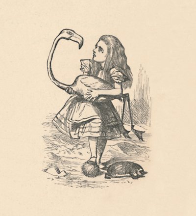 Alice prøver å spille krokket med en flamingo som klubbe, 1889 av John Tenniel