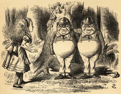 Alice med Tweedledum og Tweedledee. Illustrasjon av Sir John Tenniel av John Tenniel