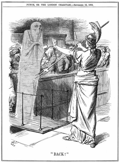 Britannia holder tilbake kolera ved britiske havner. I utbruddet av 1892 døde rundt 260 000 i Russland og 7 600 i Hamburg. Epidemien ble forhindret i Storbritannia. John Tenniel tegneserie fra Punch London 10. september 1892. av John Tenniel