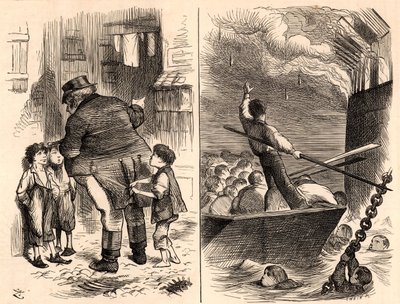 Brenning av Royal Navy treningsskip 'Goliath' av John Tenniel
