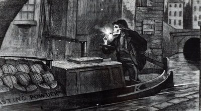 Kampanjetegneserie av John Tenniel som foreslår at parlamentet bør innføre sikkerhetsforskrifter for håndtering og transport av eksplosiver etter ødeleggelsen av en lekter som frakter krutt på Regent's Canal, London. Illustrert av John Tenniel (1820-1 av John Tenniel
