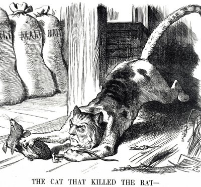 Tegneserie som kommenterer avskaffelsen av maltskatt i 1880 av John Tenniel