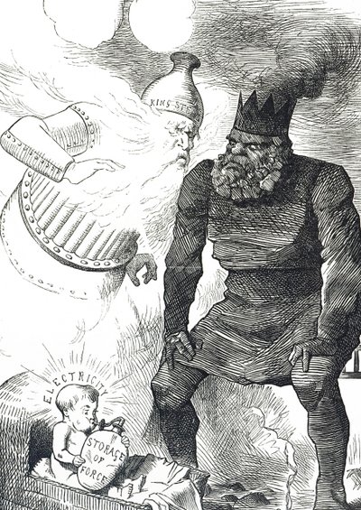 Tegneserie som kommenterer elektrisitets barndom av John Tenniel