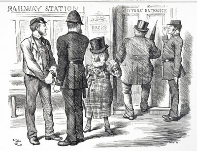 Tegneserie som kommenterer bøndene om at et blokksystemsignal skal gjøres obligatorisk på British Railways av John Tenniel