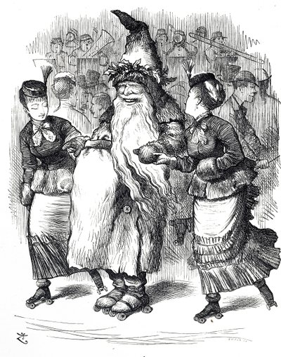 Tegneserie som viser julemannen rulleskøyter av John Tenniel
