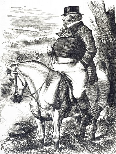 Tegneserie som viser John Bull som ser på høstmanøvrer av John Tenniel