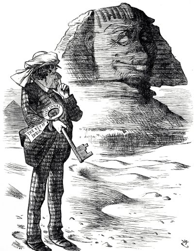 Tegneserie som viser statsminister Benjamin Disraeli som holder Suez-kanalen som nøkkelen til britenes besittelse og innflytelse i India av John Tenniel