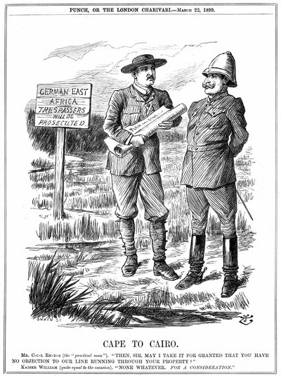 Cecil John Rhodes (1852-1902) engelskfødt sørafrikansk statsmann, som ber den tyske keiseren om tillatelse til å kjøre en telegraflinje gjennom det tyske Øst-Afrika. Cape To Cairo, tegneserie av John Tenniel fra 'Punch', London, 22. mars 1899. Grav av John Tenniel
