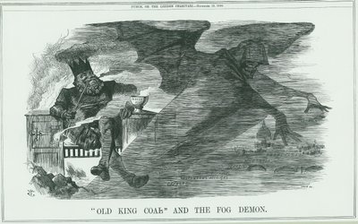 Effekter av å brenne Old King Coal på London. Tåken forårsaket astma, bronkitt, lungebetennelse, pleuritt, etc. John Tenniel tegneserie fra Punch, London av John Tenniel