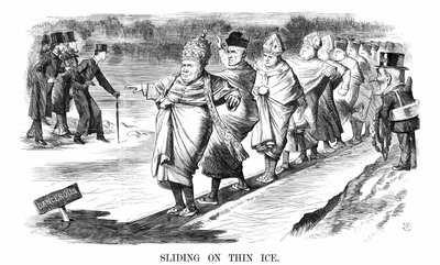 Engelske konverterer til Roma inkludert Newman, skøyter på tynn is mens Pusey og hans anglo-katolske 'ritualistiske' venner til venstre tester isen før de forplikter seg. John Tenniel tegneserie fra Punch London 1869. av John Tenniel