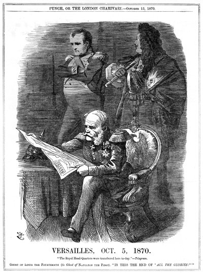 Fransk-prøyssisk krig 1870-1871: Nyanser av Ludvig XIV og Napoleon I som beklager at Frankrikes herlighet forsvinner. Den 5. oktober 1870 gjorde Wilhlem I, kongen av Preussen Versailles til sitt hovedkvarter, og ble den 18. januar erklært til keiser av Tys av John Tenniel