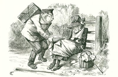 Tyskland stjeler Storbritannias posisjon som verdensledende innen handel og produksjon. Tegneserie av John Tenniel fra Punch, 5. september 1896. av John Tenniel