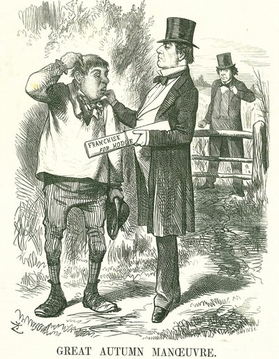 Stor høstmanøver: Gladstone mente at avstemningen til slutt måtte gis til landbruksarbeidere (Hodge). På dette tidspunktet var premierskapet hans ustabilt, og Disraeli venter på å ta plassen hans. John Tenniel tegneserie fra Punch, London, 9. august 1873. av John Tenniel