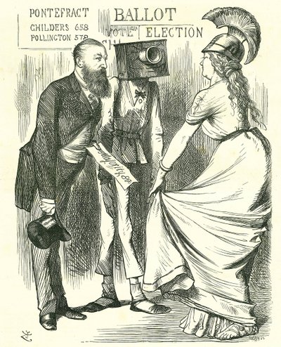 Hugh Childers (1827-1896) britisk parlamentariker, og fortalte Britannia om suksessen til den nye stemmeurnen. John Tenniel tegneserie fra 'Punch', London, 24. august 1872. av John Tenniel