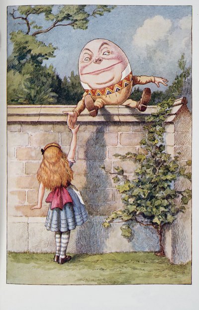 Humpty Dumpty, fra Alices Adventures In Wonderland And Through The Looking-Glass And What Alice Found There, av Lewis Carroll (1832 - 98), utgitt 1911 (farget litografi) av John Tenniel