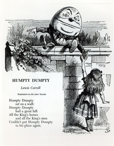 Humpty Dumpty, illustrasjon for barnerimet av Lewis Carroll (1832-98) av John Tenniel