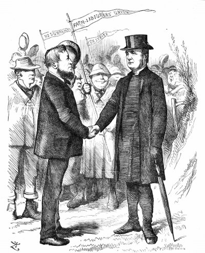 Joseph Arch (1826-1919) engelsk fagforeningsmann, politiker og landbruksarbeider. Grunnlegger av National Union of Farm Labourers. Arch hilser biskopen av Manchester som støttet unionen i et brev til The Times. John Tenniel tegneserie fra Punch London av John Tenniel