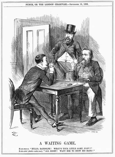 Lord Randolph Churchill (til venstre) prøver å få Charles Stewart Parnell, irsk politiker, til å vise hånden og la Churchill og Hartington få vite hvordan han vil bruke Parnellite-stemmer han kommanderer i Underhuset. John Tenniel tegneserie fra Punch 18.  av John Tenniel