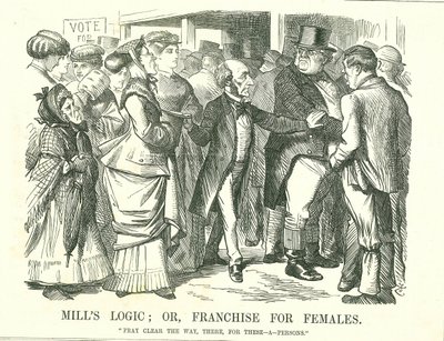 Mill's Logic: eller, Franchise for Females: John Stuart Mill ber en indignert John Bull om å gjøre plass for kvinner til å avgi sin stemme. Figuren i forgrunnen nest fra venstre er Lydia Ernestine Becker, en talsmann for kvinnelig stemmerett. John Tenn av John Tenniel