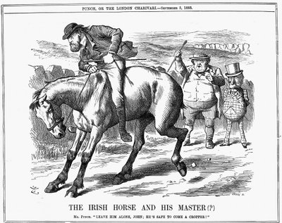 Mr Punch ber John Bull om å ignorere Charles Stewart Parnell (1846-1891), irsk politiker, da han garantert vil komme en cropper som rir på den irske hesten. John Tenniel tegneserie fra Punch London 5. september 1885. Gravering av John Tenniel