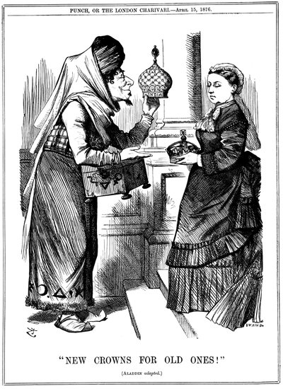 Nye kroner for gamle!, Benjamin Disraeli tilbyr Indias krone til dronning Victoria, 1876 av John Tenniel