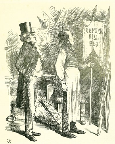 Politisk økonomi: Reform av parlamentet - utvidelse av franchisen. Disraeli (kansler) og Derby (statsminister) støver av reformforslaget. I 1867 introduserte Disraeli et nytt lovforslag. John Tenniel tegneserie fra Punch, London av John Tenniel
