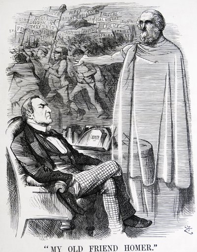 Politisk satire som skildrer William Ewart Gladstone og hans "gamle venn Homer" av John Tenniel