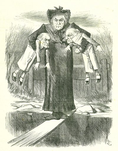 Sett Down Two, and Carry One.?: Gladstone, den britiske statsministeren, i en dilemma om hvilke av de kontroversielle irske regningene som skal kastes. John Tenniel tegneserie fra Punch, London, 3. april 1886. av John Tenniel