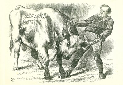 Tar den (irske) oksen ved hornene: Lovforslaget ble vedtatt av parlamentet 15. februar 1870 og fikk kongelig samtykke 8. juli. William Gladstone, statsminister, som behandler problemet. John Tenniel tegneserie fra Punch, London, 26. februar 1870. av John Tenniel