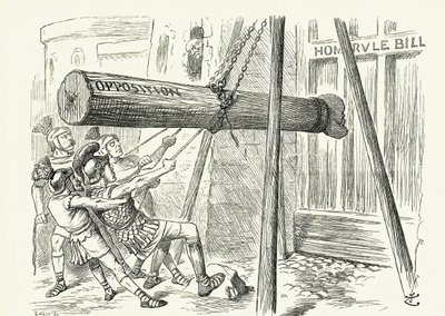 The Assault': Gladstones liberale hjemmestyrelov under angrep fra den konservative opposisjonen av en rambuk med hodet til lederen Lord Salisbury. John Tenniel tegneserie fra 'Punch', London av John Tenniel