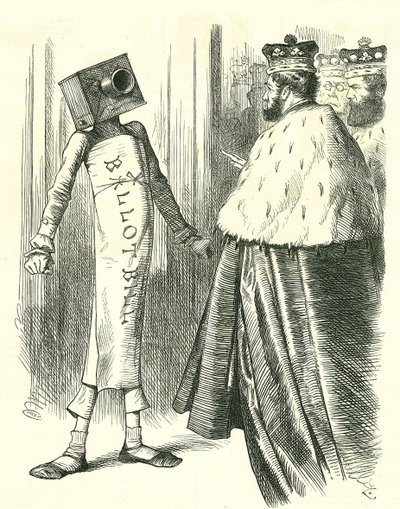 Stemmeseddelen står opp mot House of Lords. John Tenniel tegneserie fra 'Punch', London, 20. juli 1872. av John Tenniel