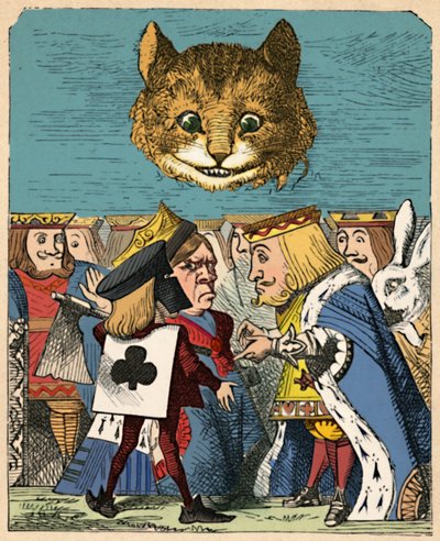 Cheshire Cat ser ned på den røde kongen og dronningen som kranglet, 1889 av John Tenniel