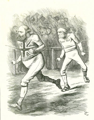 The Finish: General Election 1886. Gladstone (Liberal) dro til landet på grunn av lovforslaget om hjemmestyre for Irland. Salisbury (konservativ opposisjon) slår Gladstone til målstreken. John Tenniel tegneserie fra Punch, London av John Tenniel