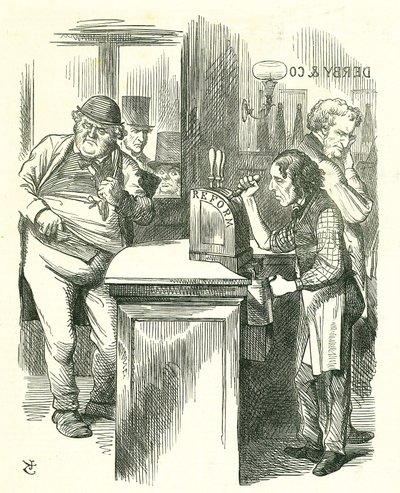 The Honest Pot Boy: Reform of Parliament - utvidelse av franchisen. Disraeli serverer reform til John Bull, sett av hans parlamentariske opposisjon. Han introduserte og bar reformforslaget sitt. Tenniel tegneserie fra Punch, London av John Tenniel