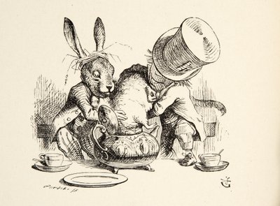 The Mad Hatter and the March Hare putting the Dormouse in the Teapot, fra Alices Adventures in Wonderland av Lewis Carroll (1832 - 98), pub. 1891 av John Tenniel