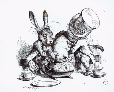 The Mad Hattemaker and the March Hare setter Dormusen i tekannen, illustrasjon fra 