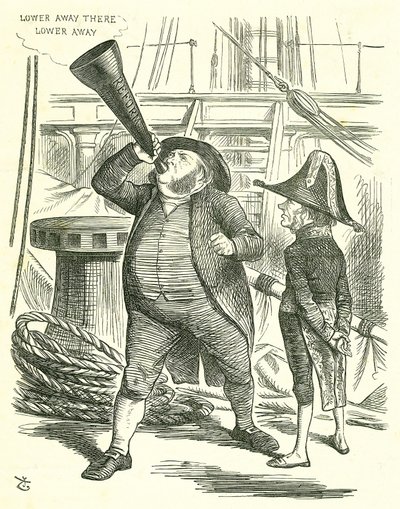 The Officious Passenger: Reform of Parliament - utvidelse av franchisen. Statsministeren, Lord John Russell, ber John Bright slutte å utbasunere reformforslaget. Russell beseiret av parlamentet på reformforslaget i mai 1866. John Tenniel tegneserie fr av John Tenniel