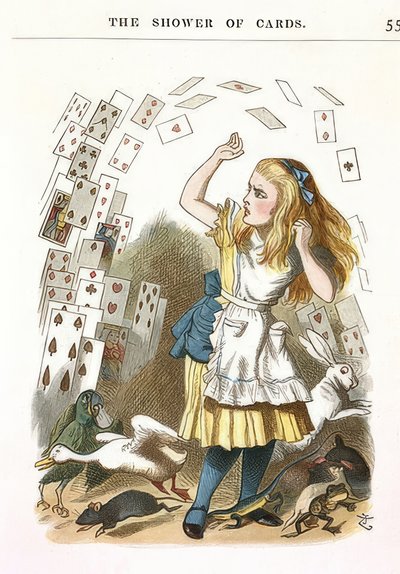 Dusjen av kort. Illustrasjon for Alice i Eventyrland av Lewis Carroll. 1890 av John Tenniel