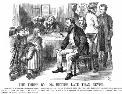 'The Three R's, or, Better Late than Never', tegneserie fra Punch, som viser William Edward Forster som styreleder for en styreskole som snakker til elever, mars 1870 (gravering) av John Tenniel