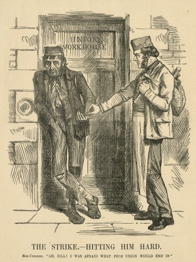 Resultatet av slående - The Workhouse. Tegneserie fra ''Punch'', London av John Tenniel