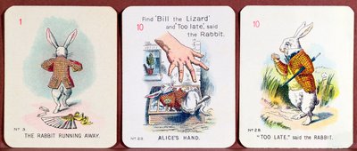 Tre Happy Family-kort som viser karakterer fra Alice in Wonderland av Lewis Carroll av John Tenniel