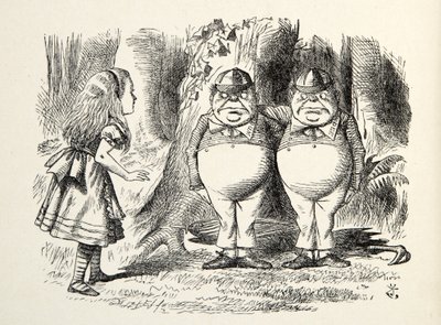 Tweedledum og Tweedledee, illustrasjon fra Through the Looking Glass, av Lewis Carroll (1832 - 98), 1872 av John Tenniel