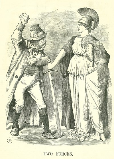 To styrker: Irish Land League forbudt. Britannia beskytter Hibernia (Irland) med Law Force mot Force of Anarchy. John Tenniel tegneserie fra Punch, London, 29. oktober 1881. av John Tenniel