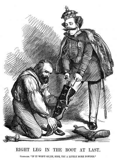 Forening av Italia: Giuseppe Garibaldi (1807-1882) hjalp Victor Emmanuel II (1820-78) med å ta på seg støvelen til Italia. John Tenniel tegneserie fra Punch, London av John Tenniel