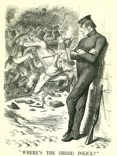 Hvor er det (irske) politiet?: William Gladstone, britisk statsminister, ser på urolighetene i Irland og venter på å gripe inn. I april ble en ny irsk fredsbevaringslov vedtatt av parlamentet. John Tenniel tegneserie fra Punch, London av John Tenniel