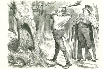 Woodman, Spare That Tree': Disraelis (Lord Beaconsfield) konservative råd til Gladstone, den liberale, om ikke å forstyrre reiret til hoggormer og å la det tyrkiske spørsmålet være i fred. John Tenniel tegneserie fra 'Punch', London, 26. mai 18 av John Tenniel
